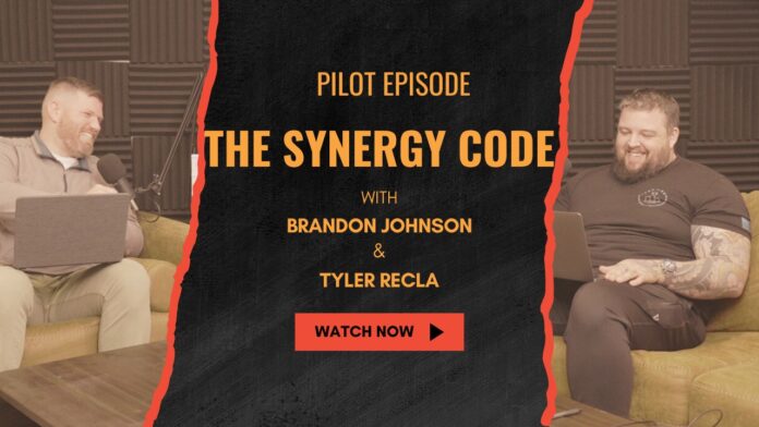 Podcast thumbnail for The Synergy Code pilot episode, featuring Brandon Johnson (left) and Tyler Recla (right) sitting on a green couch with laptops and microphones, smiling mid-conversation.