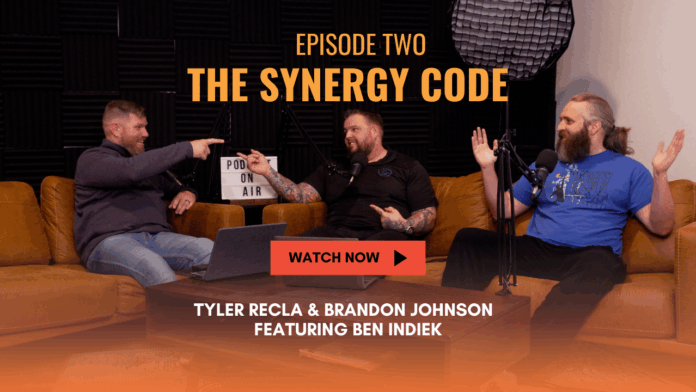 Brandon Johnson, Tyler Recla, and guest Dr. Ben Indiek recording Episode 2 of The Synergy Code podcast on health investment and recovery cycles