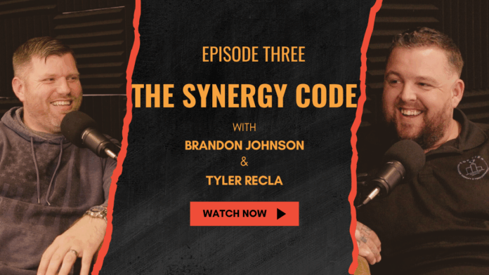 Brandon Johnson and Tyler Recla speaking into microphones during Episode 3 of The Synergy Code podcast.