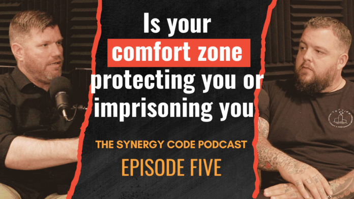 Brandon Johnson and Tyler Recla recording Episode 5 of The Synergy Code podcast, discussing how your comfort zone may be protecting or imprisoning you.