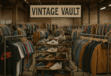 Inside the Rise of Modern Vintage Entrepreneurs: From Pop-Ups to Whatnot Success Indoor setup at Vintage Vault featuring vintage jackets, Nike tees, and retro sneakers on display racks.