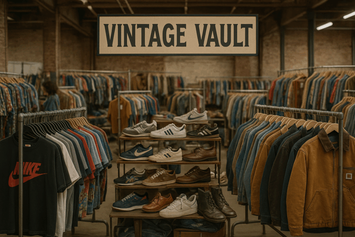 Indoor setup at Vintage Vault featuring vintage jackets, Nike tees, and retro sneakers on display racks.