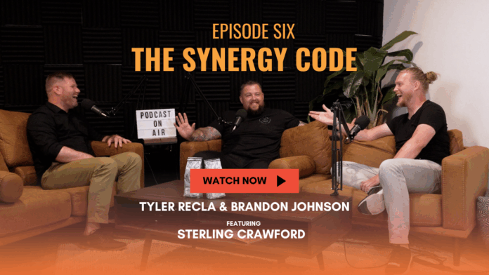 Podcast hosts Tyler Recla and Brandon Johnson sit with guest Sterling Crawford on The Synergy Code Episode Six set, discussing what most business coaching gets wrong.