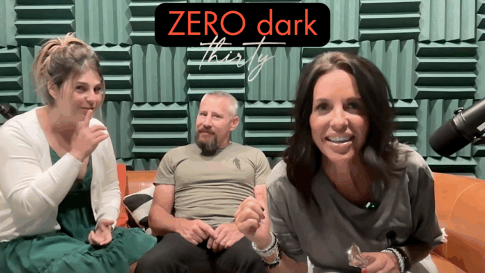 Host Kelli Lumsden interviews the founders of Zero Dark Thirty inside a podcast studio, discussing PTSD, veteran healing, and their Boise coffee shop mission.