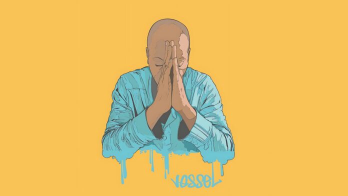 Blueprint 1 Illustrated portrait of hip‑hop artist Blueprint (Printmatic) with eyes closed and hands pressed together in prayer, wearing a turquoise jacket that drips into the word “vessel” on a bold yellow background.