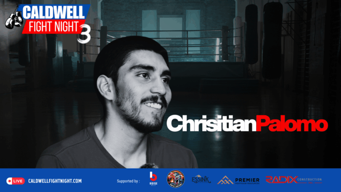 Christian Palomo promotional thumbnail for Caldwell Fight Night 3 boxing event in Caldwell, Idaho, featuring his name in bold text with boxing ring background.