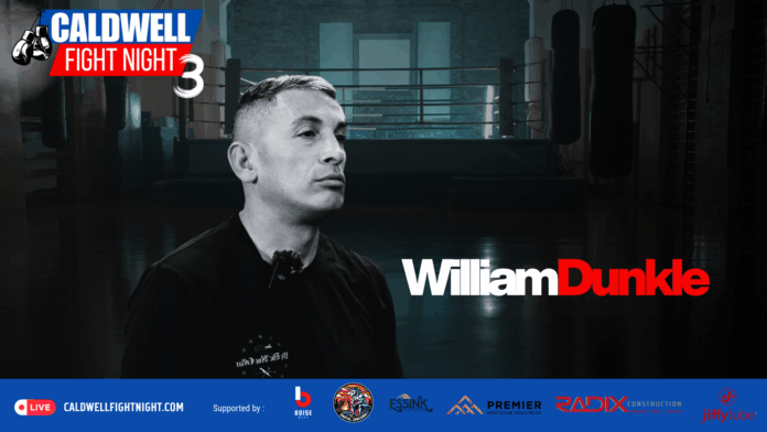 William Dunkle promotional graphic for Caldwell Fight Night 3, featuring Dunkle in front of a boxing ring with event sponsors and logo.