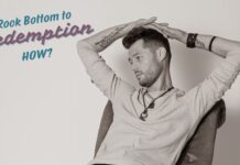 Tyler Herwig on Addiction, Fatherhood & Music with Purpose Tyler Herwig seated in profile, arms resting overhead, with text overlay reading “Rock Bottom to Redemption – HOW?”
