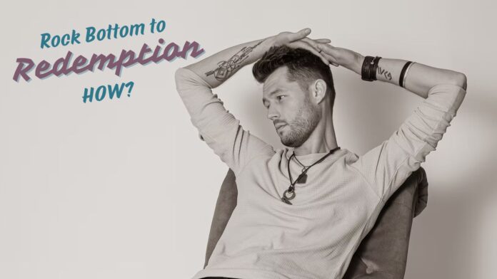 Tyler Herwig seated in profile, arms resting overhead, with text overlay reading “Rock Bottom to Redemption – HOW?”
