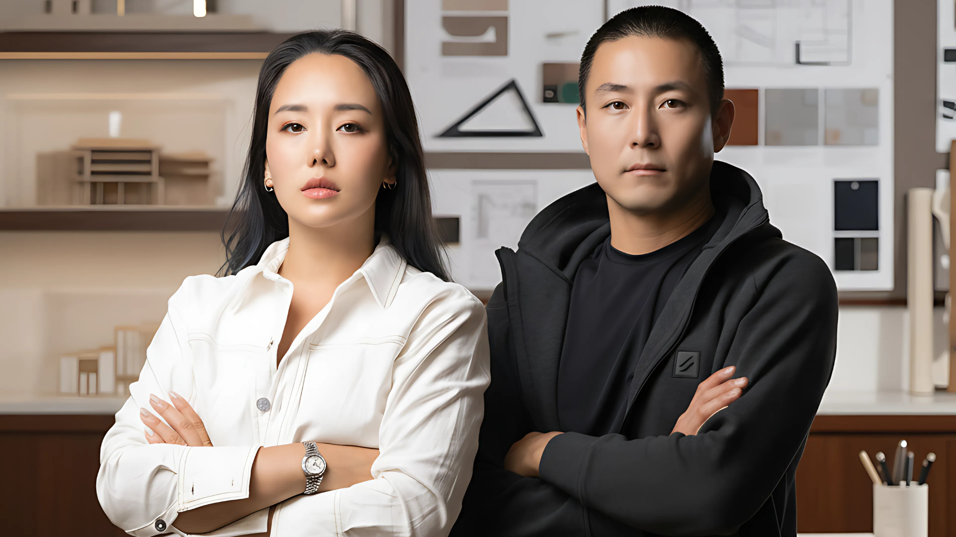 Borum Ahn and Ji Ahn, founders of Borum Design + Build and Form + Flow, standing confidently with arms crossed in a modern design studio.