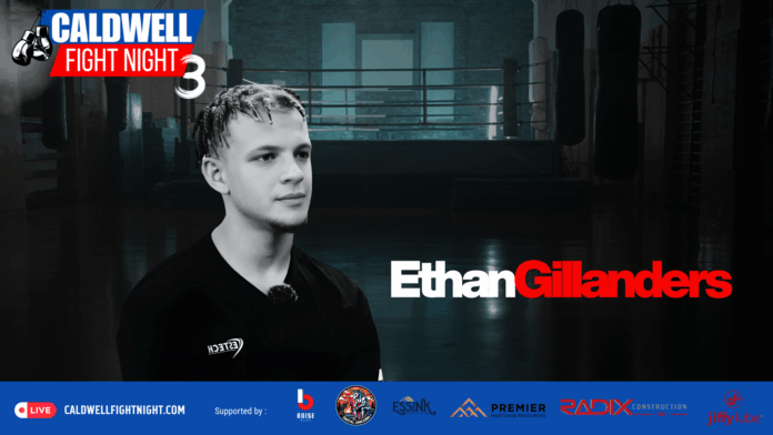 Ethan Gillanders promotional graphic for Caldwell Fight Night 3, featuring his portrait against a boxing gym background with event sponsors.