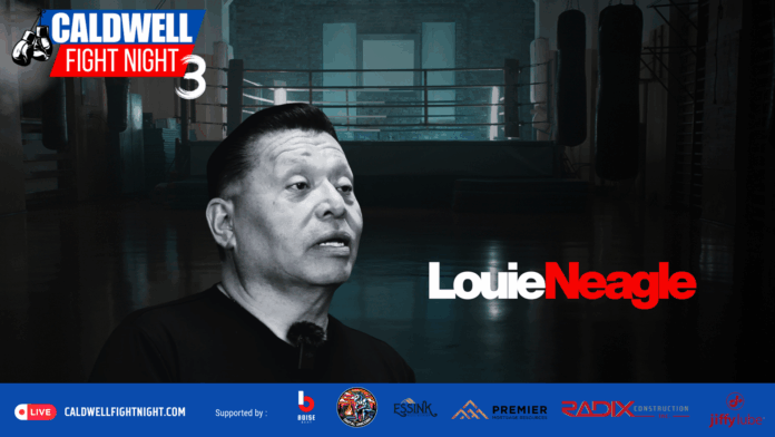 Thumbnail image of boxing coach Louie Neagle featured for Caldwell Fight Night 3, with a boxing ring background and event sponsor logos.