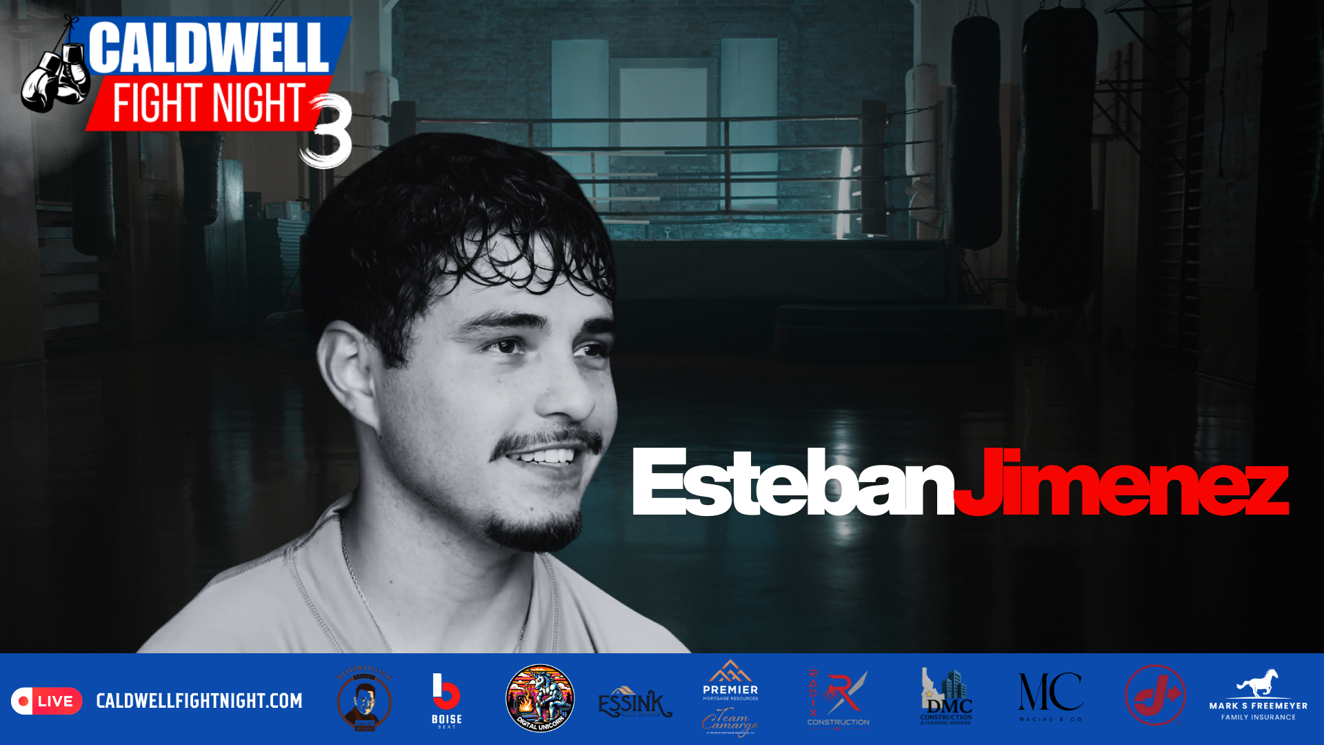 Promotional poster for Caldwell Fight Night 3 featuring boxer Esteban Jimenez with a smiling portrait in front of a boxing gym background.