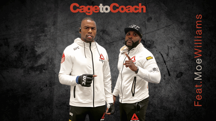 Moe Williams Moe “Machete” Williams, Murcielago MMA coach, pictured with UFC welterweight Khaos Williams. Both stand in UFC Reebok walkout uniforms under the headline “Cage to Coach,” symbolizing Moe Williams’ journey from MMA fighter in Jackson, Michigan to respected coach training top talent.