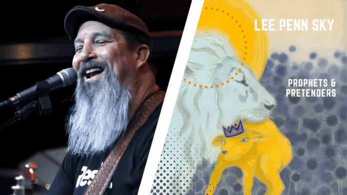 Lee Penn Sky Boise folk singer-songwriter Lee Penn Sky performing live with a smile while promoting his album Prophets & Pretenders, featuring cover art of a lion and lamb beneath a golden halo.