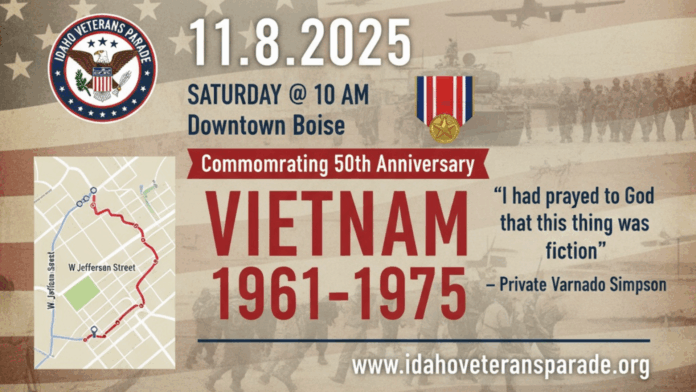 Veterans Day Parade 2025 Promotional flyer for the Idaho Veterans Parade 2025 in downtown Boise, commemorating the 50th anniversary of the Vietnam War (1961–1975). The event takes place on November 8, 2025, at 10 AM and honors Vietnam veterans with a parade route through W. Jefferson Street.