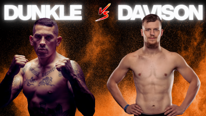 DUNKLE VS DAVISON William “208 Underdog” Dunkle vs Dallas Davison fight poster ahead of their Fusion Fight League Montana matchup featuring both fighters facing off against a fiery orange background