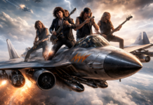 From AC/DC to Aerospace: Why Mountain Home May Play a Bigger Role in Idaho’s Industrial Future Rock band performing on a fighter jet in the sky symbolizing the connection between AC/DC history and the future of aerospace manufacturing in Mountain Home, Idaho and the Inland Northwest aerospace corridor