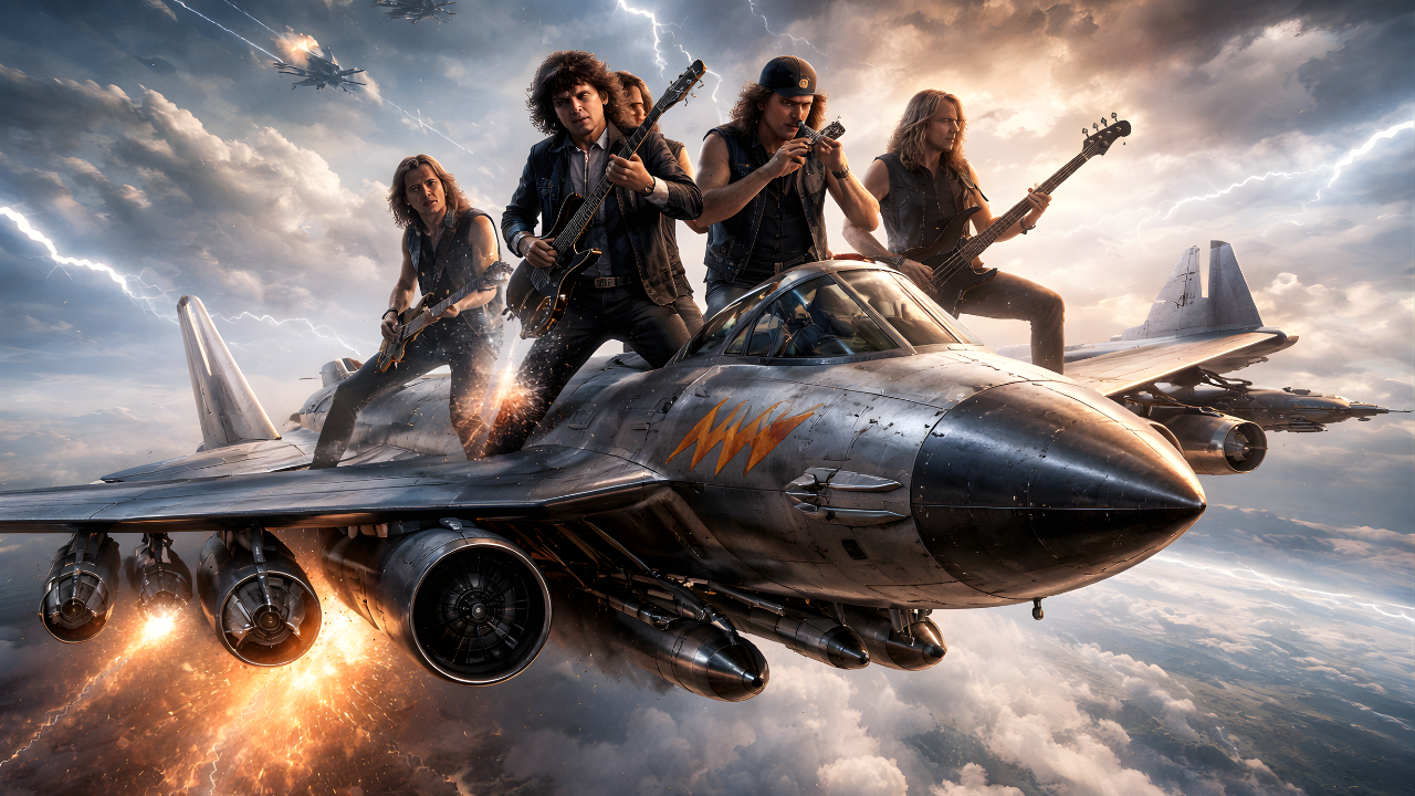 Rock band performing on a fighter jet in the sky symbolizing the connection between AC/DC history and the future of aerospace manufacturing in Mountain Home, Idaho and the Inland Northwest aerospace corridor