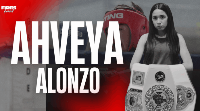 Ranked #5 in the Nation at 11 Years Old: Ahveya Alonzo Prepares for Fights on Fremont 5 Young nationally ranked boxer Ahveya Alonzo stands with championship boxing belts in a promotional graphic for Fights on Fremont 5 in Rupert, Idaho.