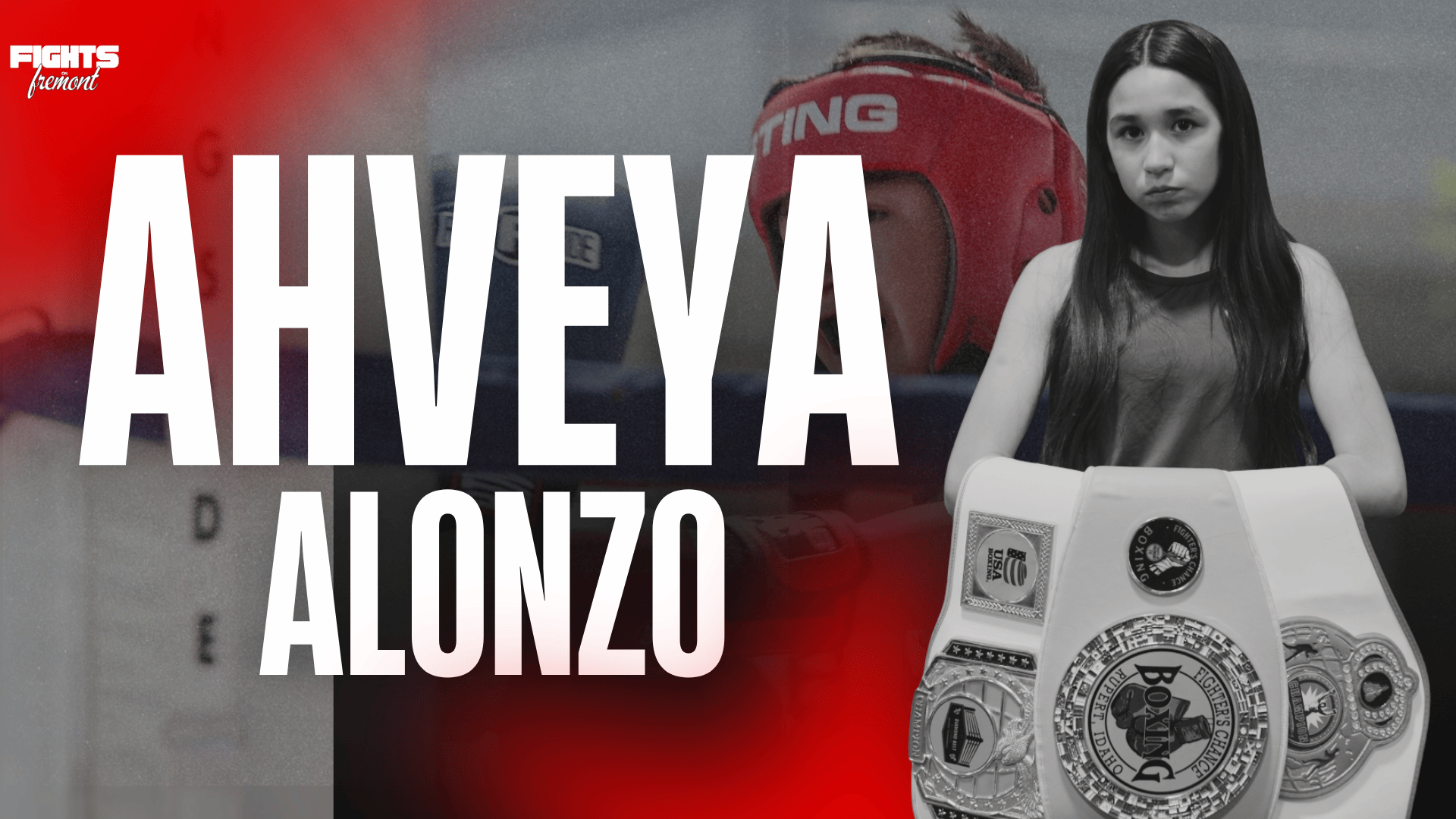 Young nationally ranked boxer Ahveya Alonzo stands with championship boxing belts in a promotional graphic for Fights on Fremont 5 in Rupert, Idaho.