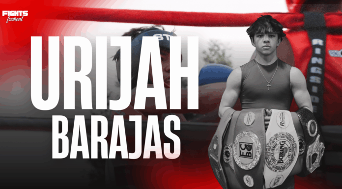 Urijah Barajas on Fights on Fremont 5, Fighter’s Chance Boxing Gym & The Rise of Idaho Boxing Fights on Fremont 5 graphic featuring Idaho boxer Urijah Barajas in front of a boxing ring with bold red, black, and white design elements.