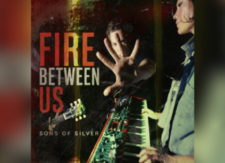 Sons of Silver “Fire Between Us” thumbnail showing the Los Angeles rock band performing with guitar and keyboard.
