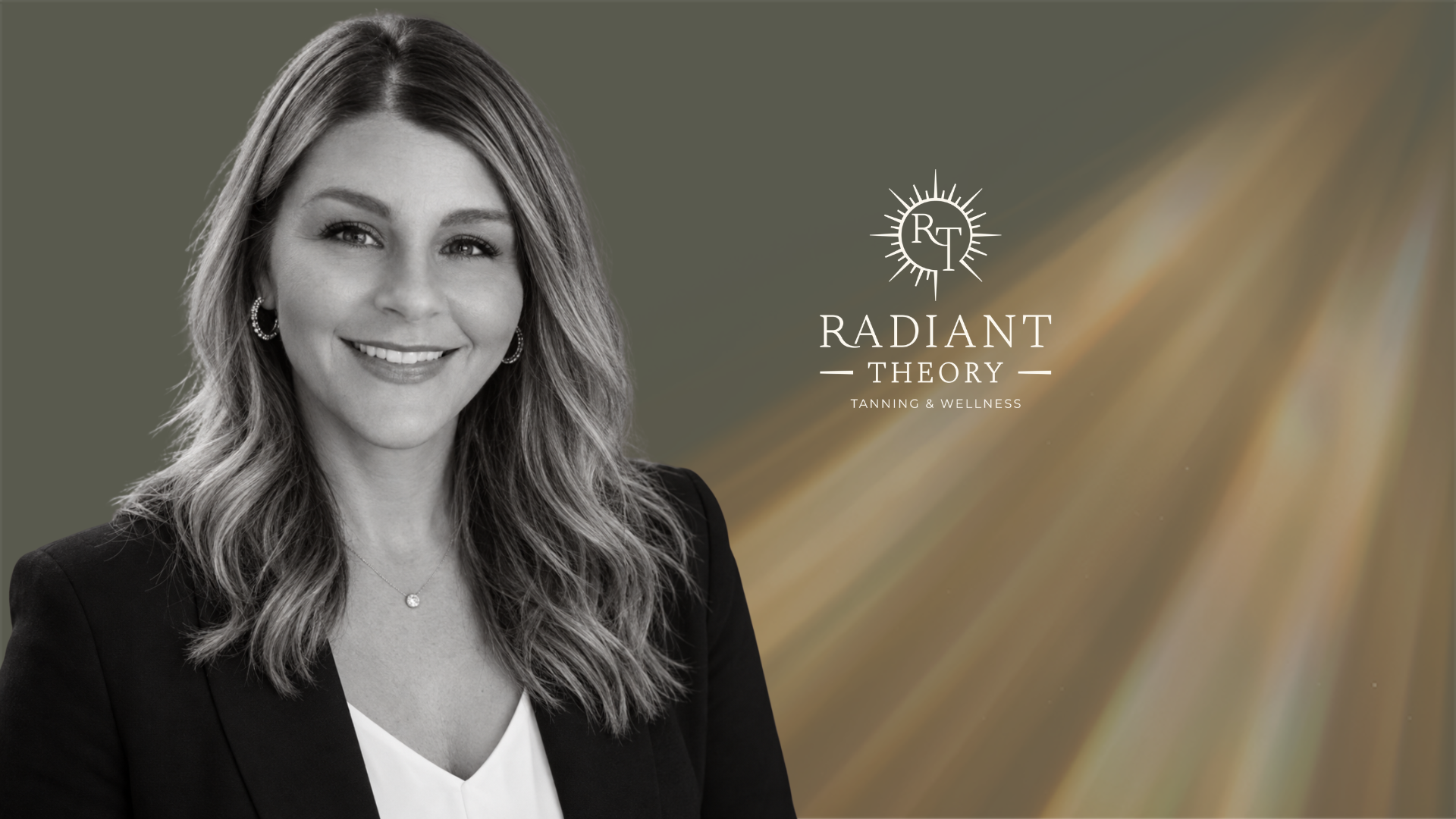 Jamie Pogue’s black-and-white portrait beside the Radiant Theory Tanning & Wellness logo for her business in Star, Idaho.